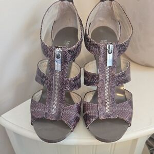 Michael Kors Taupe/smokey Heather Snake-Print Zip Front Heeled Sandals